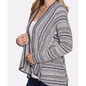 Lucky Brand Women Cardigan Sz L Navy Blue Nubby Textured Tweed Open Fringed Boho